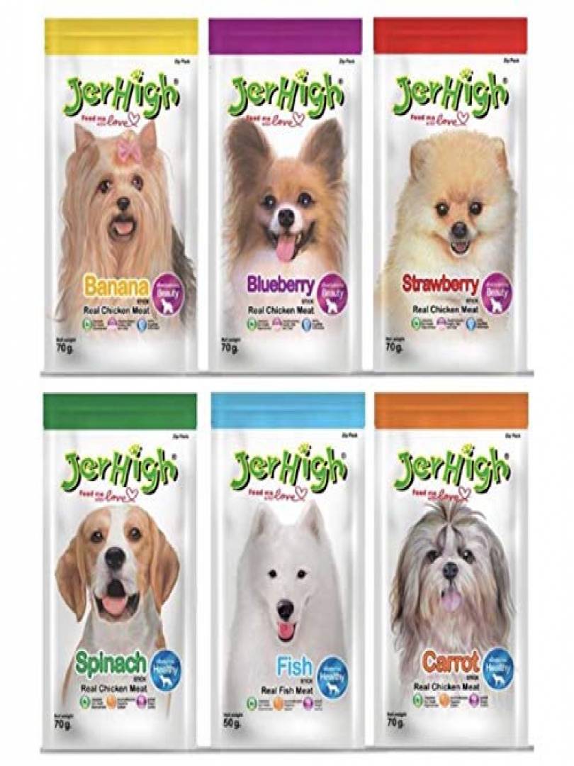 JerHigh Real Chicken Food Treat Spinach, Blueberry, Carrot, Strawberry, Fish, Banana Flavor 6 Pack Combo Set 70g Catalogue Image 1