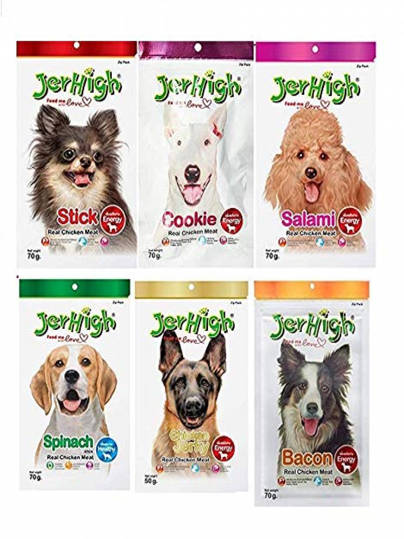 JerHigh Real Chicken Food Treat Spinach, Stick, Cookie, Salami, Bacon, Chicken Jerky Flavor 6 Pack Combo Set 70g for Dogs Catalogue Image 1