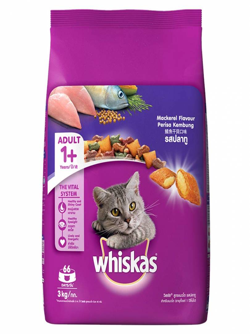 Whiskas Adult (+1 year) Dry Cat Food, Mackerel Flavor, 3kg Pack on